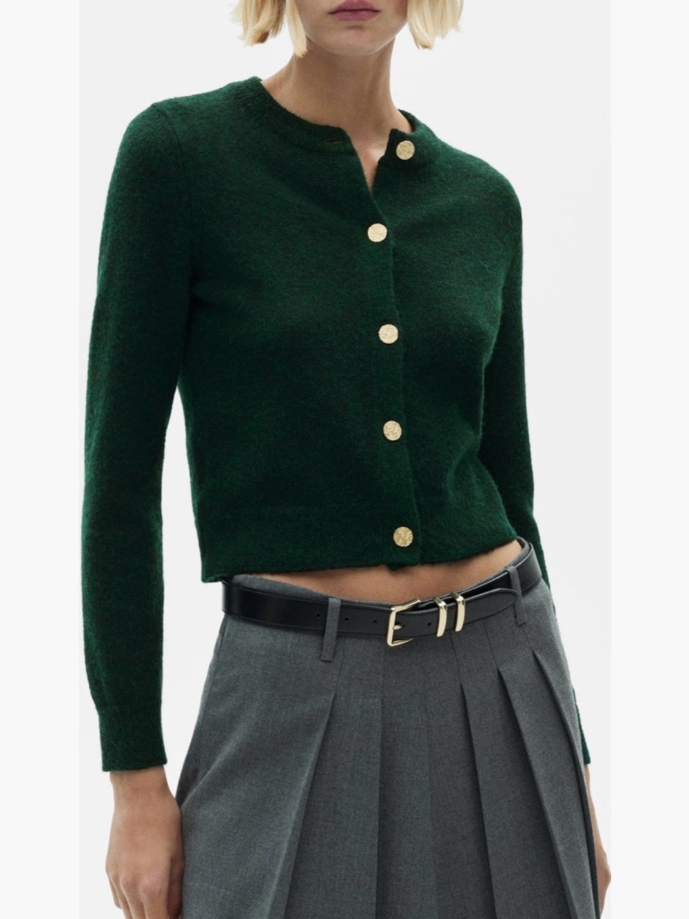 Mango Dark Green Cropped Cardigan with Gold Buttons